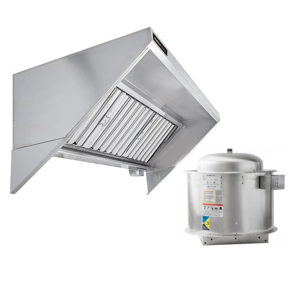 A stainless steel Halifax vent hood over a large metal container.