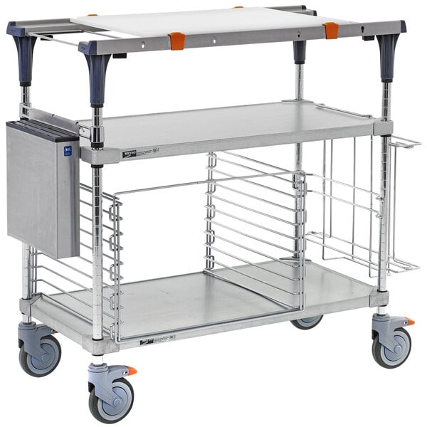 A silver Metro PrepMate MultiStation cart with galvanized shelves and a white tray on top.