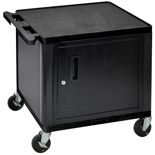 A black metal Luxor cabinet with wheels.