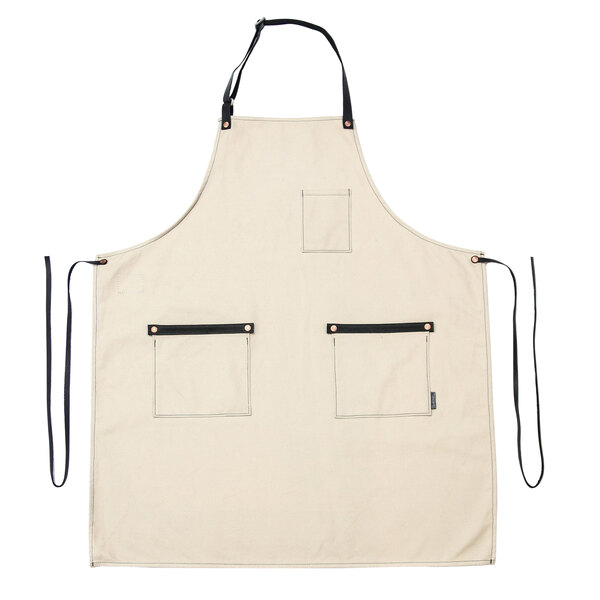 A white apron with black straps and pockets.