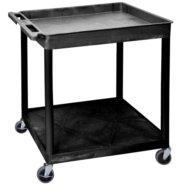 A Luxor black plastic utility cart with wheels.