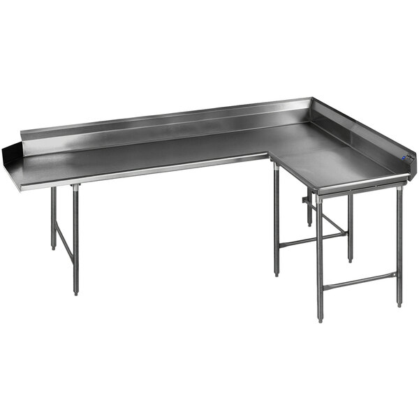 An Eagle Group stainless steel L-shape dishtable with two legs.