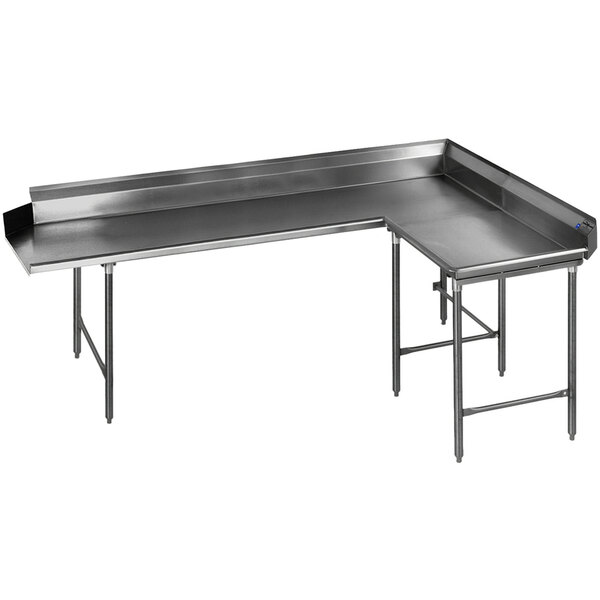 A metal Eagle Group stainless steel L-shape dishtable with two legs.