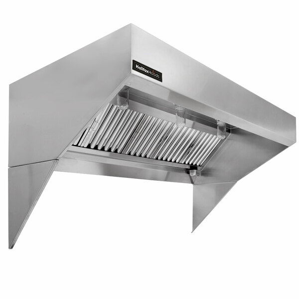 A stainless steel Halifax Low Ceiling Sloped Front commercial kitchen hood system with a vent.
