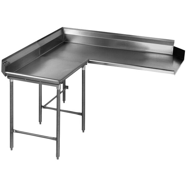 A stainless steel Eagle Group L-shaped dishtable with legs.