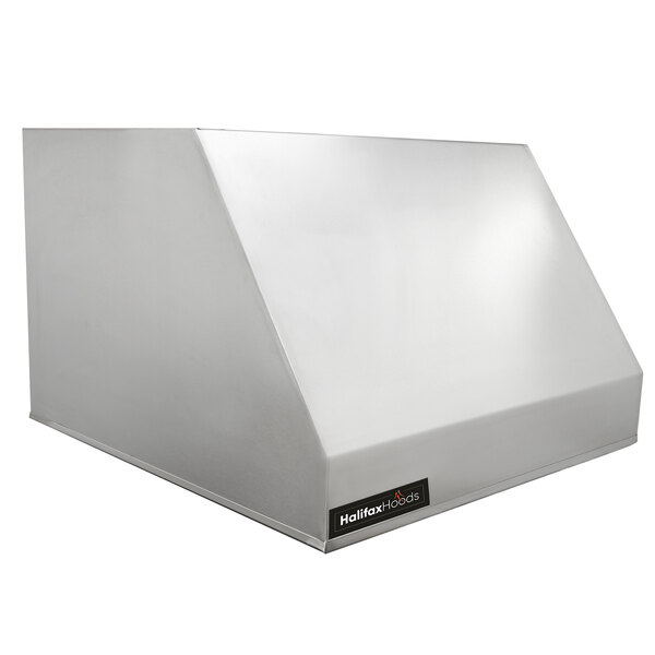 A white rectangular stainless steel hood with a black logo that reads "Halifax" in black.