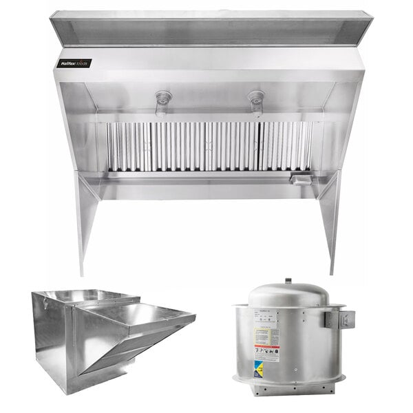 A Halifax stainless steel low ceiling sloped front commercial kitchen hood system.