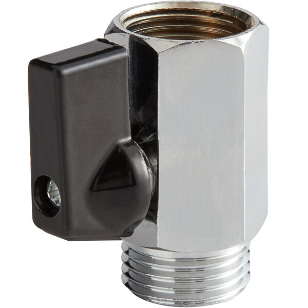 A close-up of a chrome plated metal valve with a black handle.