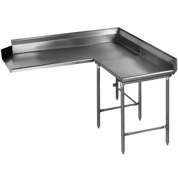 A Eagle Group stainless steel L-shaped dishtable with legs.