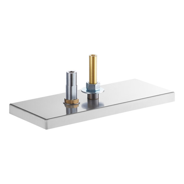 A rectangular stainless steel tray with two threaded metal fittings mounted vertically on its surface.