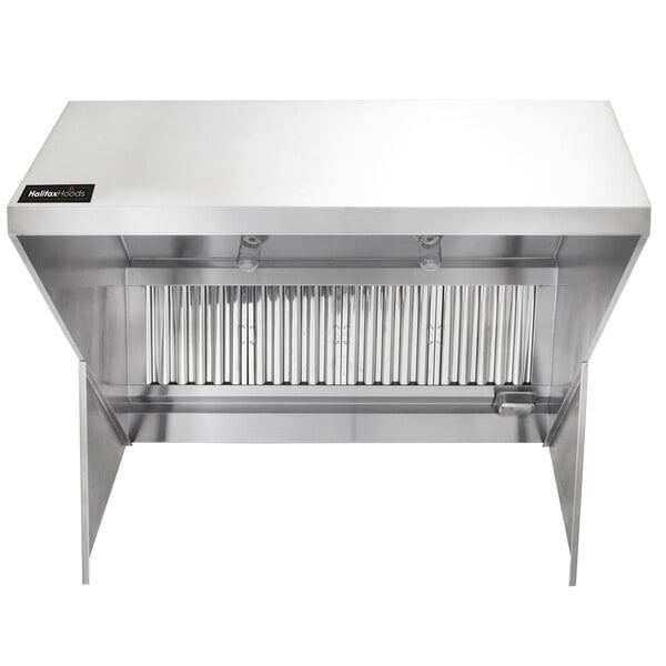 A stainless steel Halifax commercial kitchen hood over a counter.
