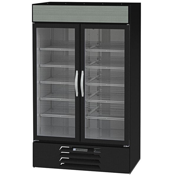 A black Beverage-Air glass door merchandiser freezer.