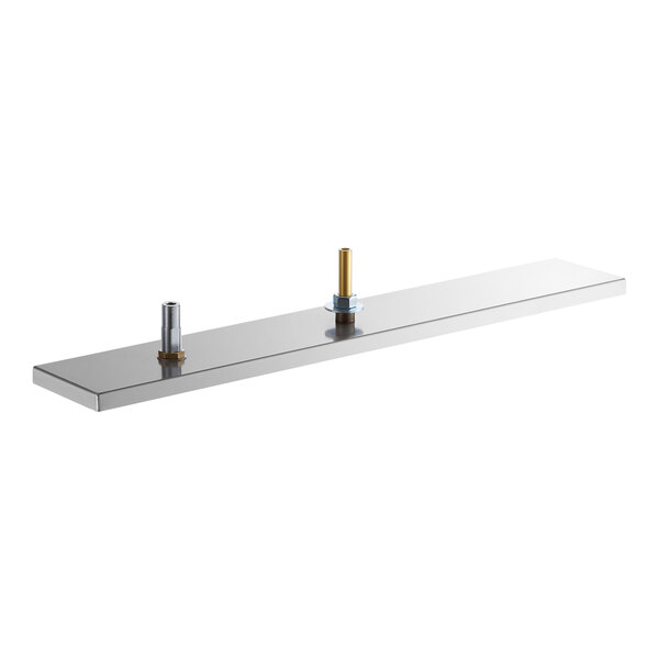 A rectangular stainless steel tray with two vertical metal fittings mounted on its surface.