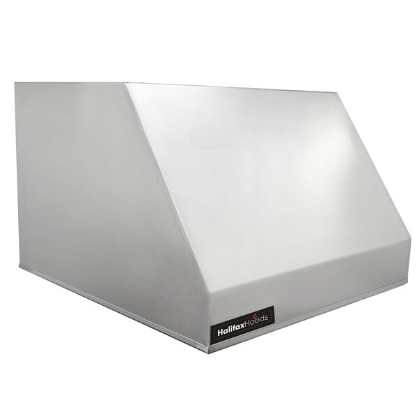A white rectangular stainless steel Halifax Outdoor Hood with a black logo.