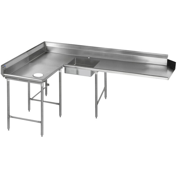 A stainless steel L-shape dishtable with a left dishlanding soil.