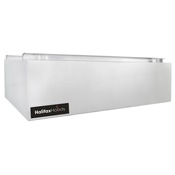 A stainless steel Halifax heat and fume removal hood over a counter in a commercial kitchen.