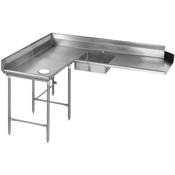 A stainless steel Eagle Group L-shape dishtable with a left dishlanding soil counter.