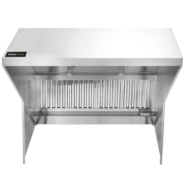 A stainless steel Halifax commercial kitchen hood with a vent.