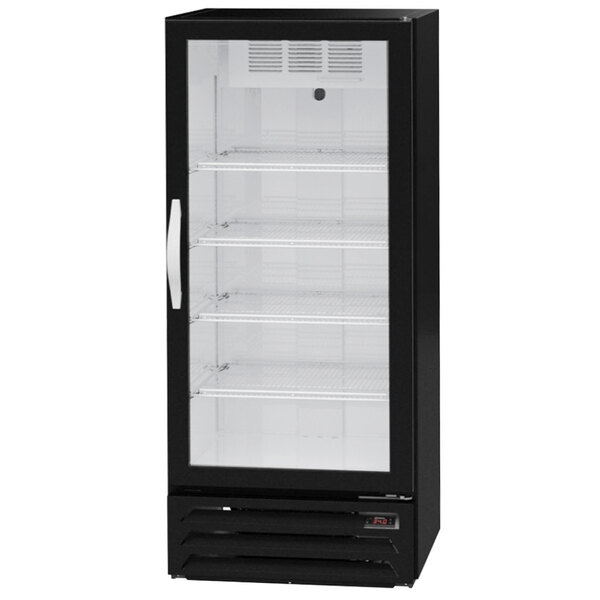 A black Beverage-Air MarketMax refrigerated merchandiser with glass doors.