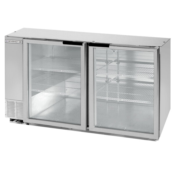 A Beverage-Air stainless steel back bar refrigerator with glass doors.
