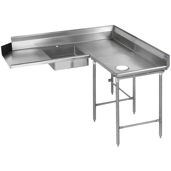 A stainless steel Eagle Group right L-shape dishtable with a sink and drain.