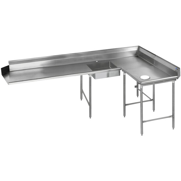A stainless steel Eagle Group right L-shape dishtable with two sinks and a drain.