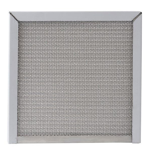 A close-up of a square aluminum mesh ventless hood filter.
