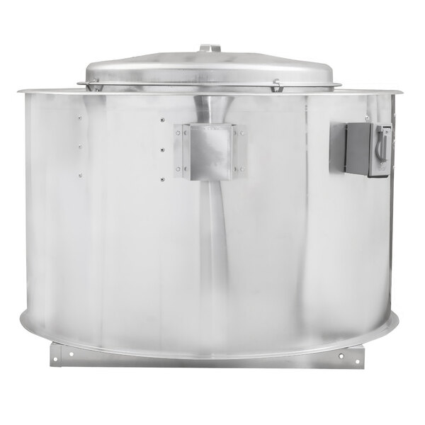 A large silver round metal lid with a NAKS Belt Drive Centrifugal Upblast Exhaust Fan inside.