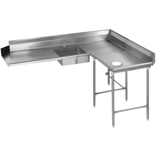 A stainless steel Eagle Group right corner dishtable with a drain.
