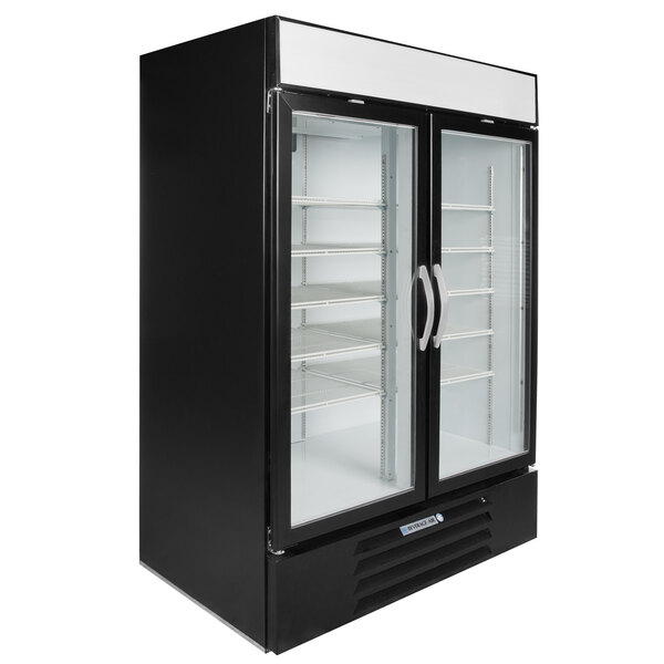A black Beverage-Air MarketMax glass door freezer.