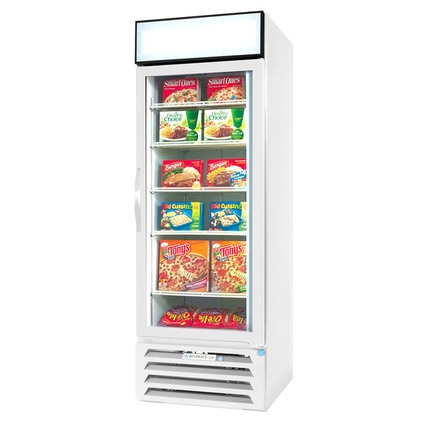 A white Beverage-Air glass door freezer with boxes of food inside.