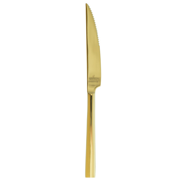 A close up of a Oneida Chef's Table Gold stainless steel steak knife with a long handle and a golden finish.
