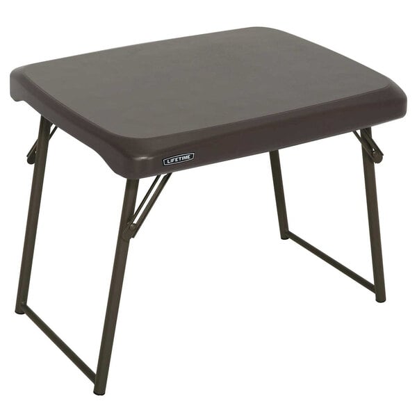 A brown rectangular Lifetime compact folding table with legs.