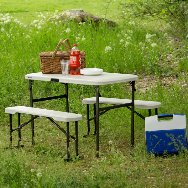 Lifetime 80373 42" x 24" Almond Plastic Folding Picnic Table with 2 Benches