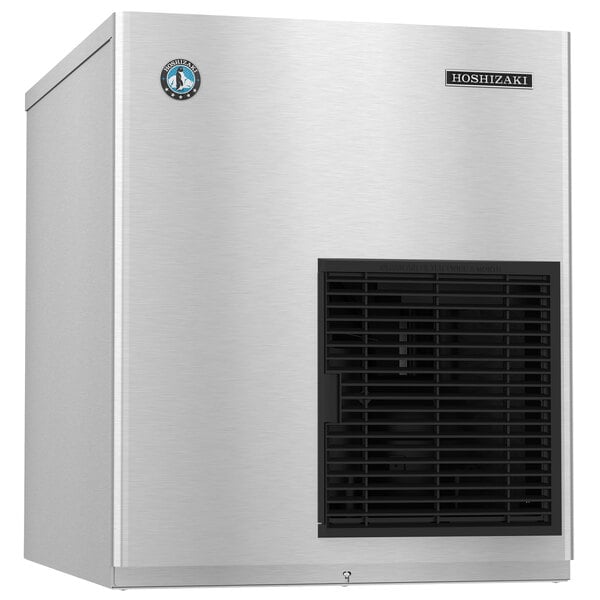 A silver Hoshizaki water cooled ice machine with a black vent.