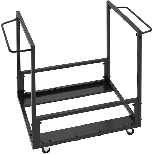 A black metal Lifetime folding chair cart with two shelves and metal bars.
