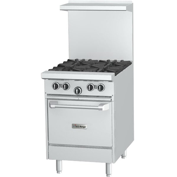 A U.S. Range stainless steel 24" range with 4 burners and a space saver oven with black knobs.
