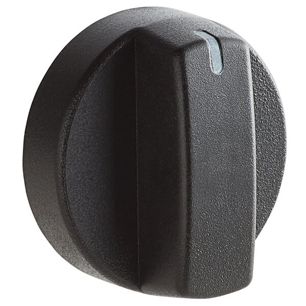 A black plastic Avantco temperature control knob with a white stripe and a small hole in it.