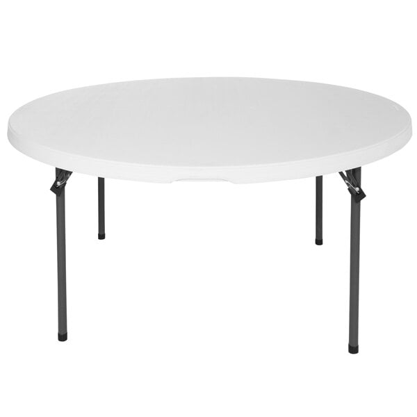 A Lifetime white round table with black legs.