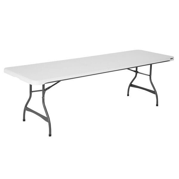 A white rectangular Lifetime plastic table with metal legs.