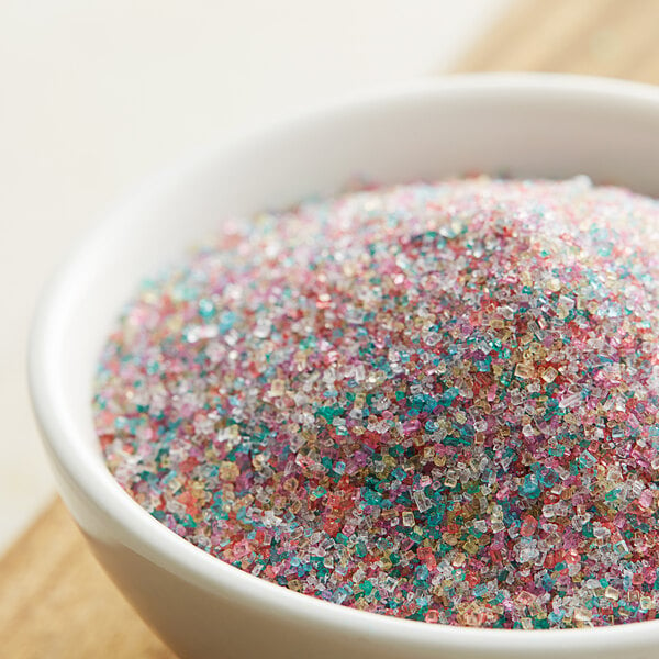 A bowl of Rainbow Sanding Sugar crystals.