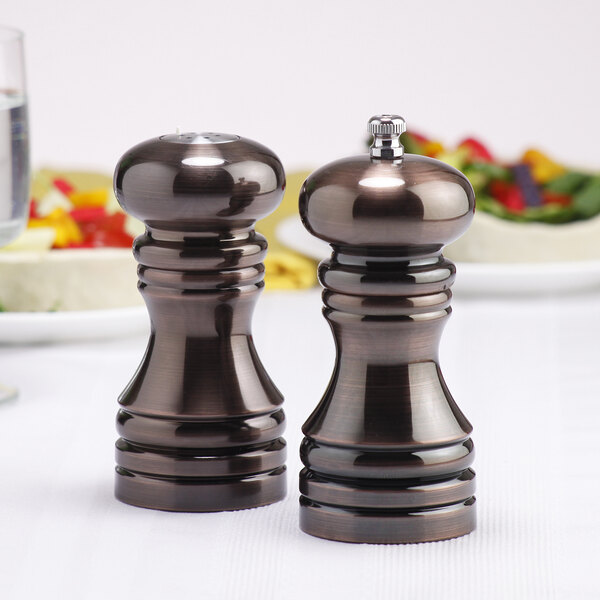 Chef Specialties 90050 5 1/2" Burnished Copper Pepper Mill / Salt Shaker Set