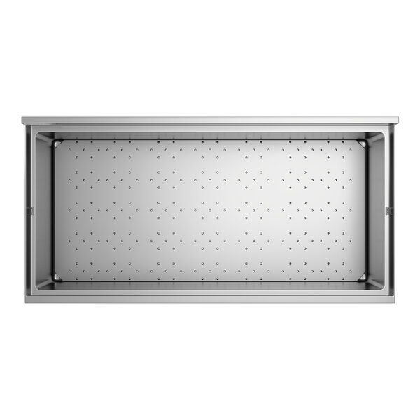A rectangular stainless steel beer box with a perforated bottom and a 3-inch backsplash.