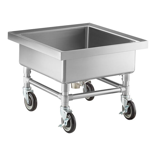 A square stainless steel sink with deep sides, mounted on four caster wheels for mobility.