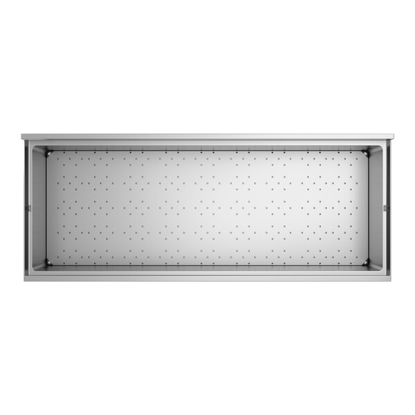 A rectangular stainless steel beer box with a perforated bottom and a 3-inch backsplash.
