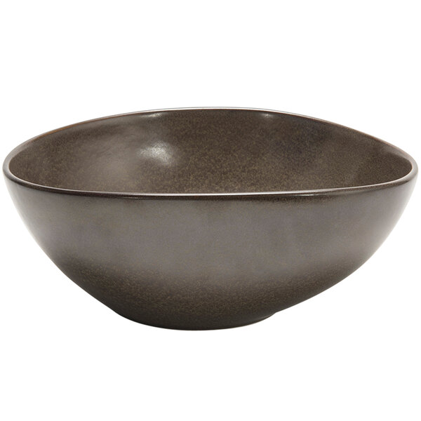 A Front of the House Kiln mocha porcelain bowl with a white background and a dark gray rim.