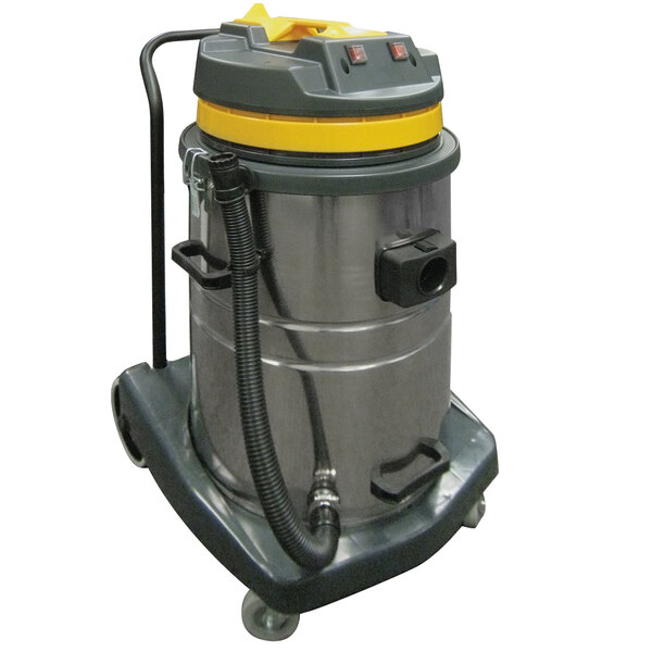 A Perfect Products stainless steel wet/dry vacuum on wheels with a yellow handle.