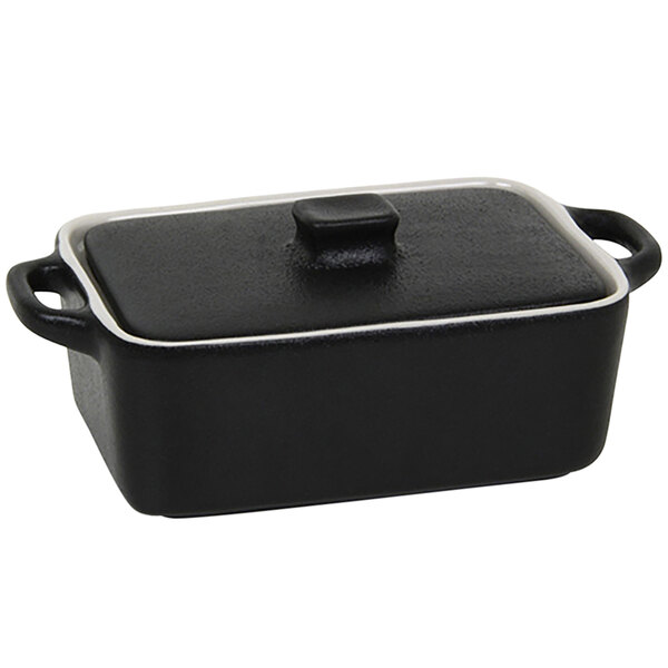 A black rectangular Front of the House stoneware ovenware dish with a lid.