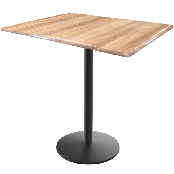 A Holland Bar Stool EnduroTop table with a natural wood top and black round base.
