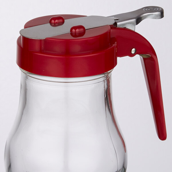 Tablecraft 406RE 6 oz. Glass Teardrop Syrup Dispenser with Red ABS Top